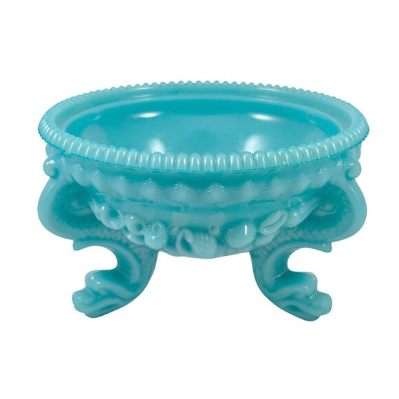 Westmoreland Blue Milk Glass Candy Dish Argonaut Shells Dolphins Vintage 1960s - Picture 7 of 10